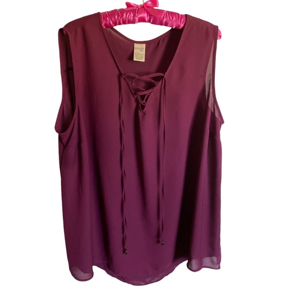Terra & Sky Sheer Wine Front Tie Sleeveless Top size 1X 16/18W